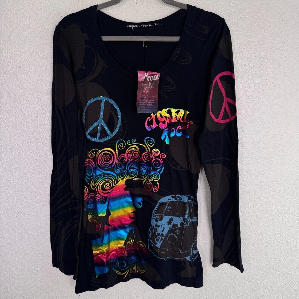 Christian Audigier Y2K Shirt Womens Large Crystal Rock Hippie Free Spirit Peace